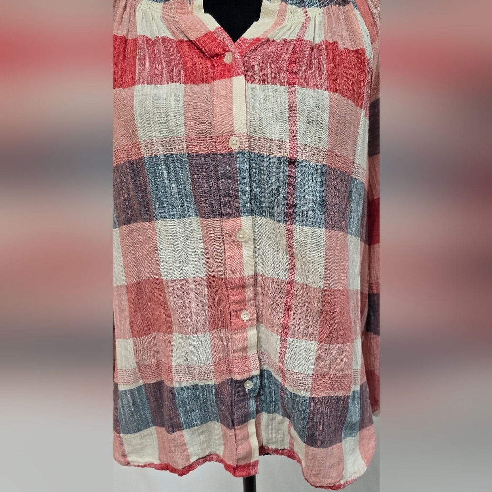 Lucky Brand women L plaid smock neck button front blouse, semi sheer, costal - Picture 4 of 8
